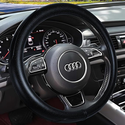 Haokay Heavy Duty Pure Cowhide Steering Wheel Cover, Genuine Leather Steering Cover with 15 Inches Universal Fit