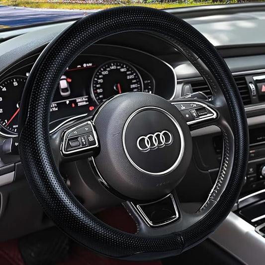 Haokay Heavy Duty Pure Cowhide Steering Wheel Cover, Genuine Leather Steering Cover with 15 Inches Universal Fit