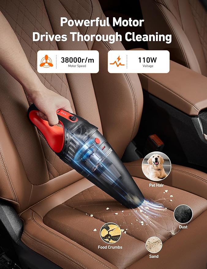 AstroAI V2 Mini High Power Portable Cordless Handheld Car Vacuum Cleaner, 6000mAh Battery & 12V DC, LED Light, Brush, Multi-Nozzles, 16.4 ft Cord Car Interior for Car, Home, Office, Pet Hair Cleaning