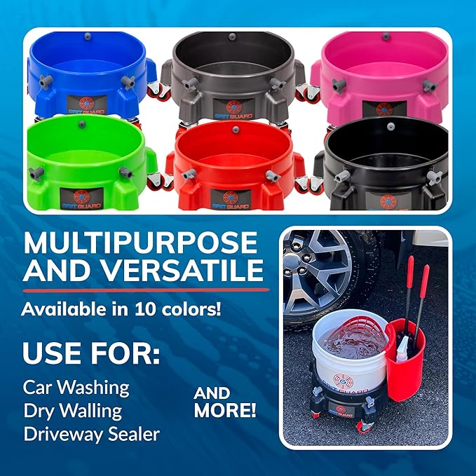 Grit Guard Bucket Dolly with Wheels - Rolling Detailing Wash Bucket with 5 Wheels and 2 Locking Casters Compatible with 2.5, 4, 5 and 6 Gallon Buckets (Red, 3" Grey Casters) - Made in the USA