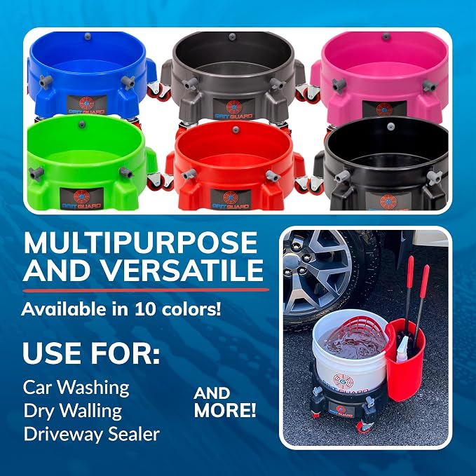 Grit Guard Bucket Dolly with Wheels - Rolling Detailing Wash Bucket with 5 Wheels and 2 Locking Casters Compatible with 2.5, 4, 5 and 6 Gallon Buckets (Black, 3" Red Casters) - Made in the USA