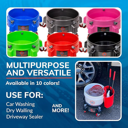 Grit Guard Bucket Dolly with Wheels - Rolling Detailing Wash Bucket with 5 Wheels and 2 Locking Casters Compatible with 2.5, 4, 5 and 6 Gallon Buckets (Black, 3" Red Casters) - Made in the USA