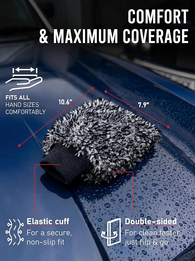 TAKAVU Car Wash Mitt Scratch Free, 2 Pack Microfiber Wash Mitts for Auto Detailing, Soft Lint Free Cleaning Gloves, Holds Sudsy Water, Machine Washable (Black & White)