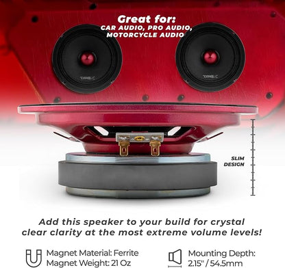 DS18 PRO-X6.4BMSL Slim Loudspeaker - 6.5", Midrange, Red Aluminum Bullet, 400W Max, 200W RMS, 4 Ohms - Premium Quality Audio Door Speakers for Car or Truck Stereo Sound System (1 Speaker)