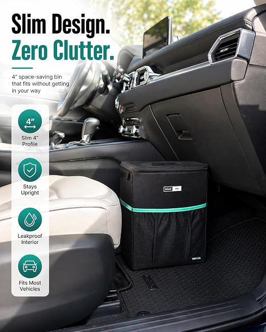 RoadBin™ Car Trash Can – Slim 4" 2.5 Gallon Space-Saving Design, Stays Upright, Leakproof & Odor-Proof Car Garbage Can for Clean, Clutter-Free Cars, Trucks & SUVs
