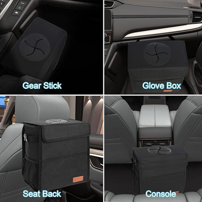 Leak Proof Car Trash Bag Waterproof Garbage Can with Lid for SUV Front Seat Multipurpose Car Hanging for Headrest Collapsible and Portable with Storage Mesh Pocket, Large/ Black