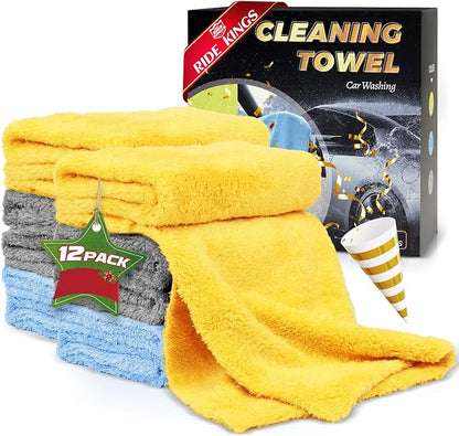 Car Wash Drying Towels, 450gsm Ultra-Thick Absorbent Lint-Free Extra Soft Microfiber Rags for Car Detailing, Interior & Exterior Cleaning Cloths, 16in x 16in - Coral Fleece, Blue+Yellow+Grey, 12 Packs