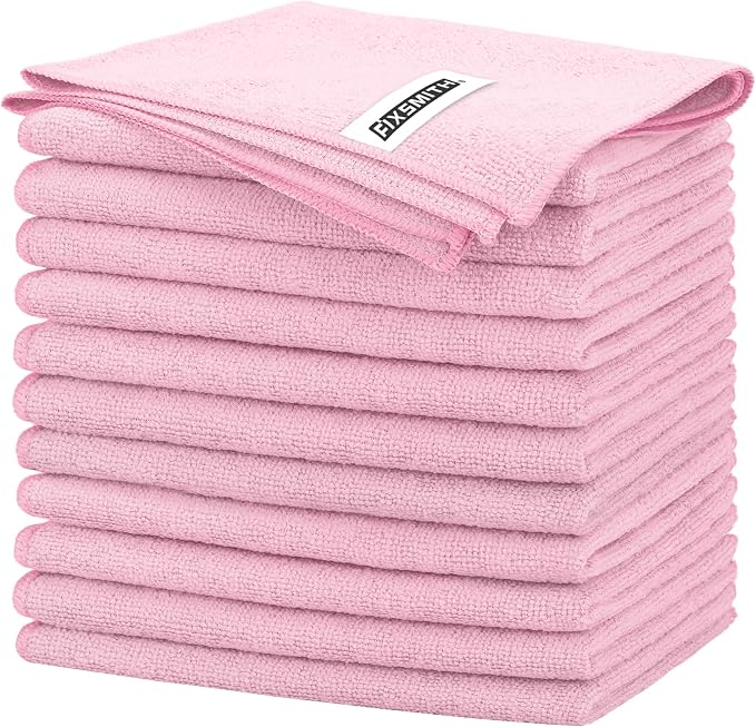 FIXSMITH Pink Microfiber Cleaning Cloth -Pack of 12, Highly Absorbent Cleaning Rags, 16"X12" All Purpose Cleaning Towels for Housekeeping, Kitchen, Car, Lint Free and Reusable Microfiber Towels