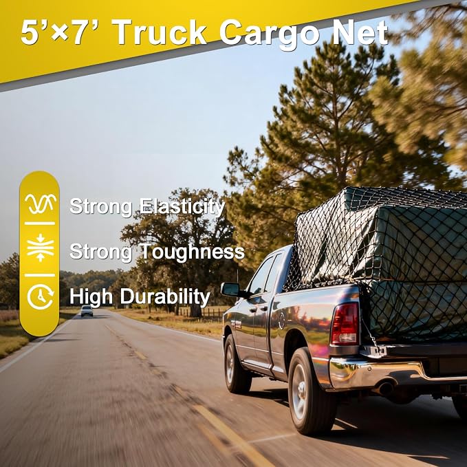 5’x7’ Truck Cargo Net Expands to 9' x 12' with 4"x4" Mesh Grid Super Duty Bungee Heavy Duty Bed Netting for Truck Bed Stretches with 12 Adjustable Metal Carabiners by Cenipar