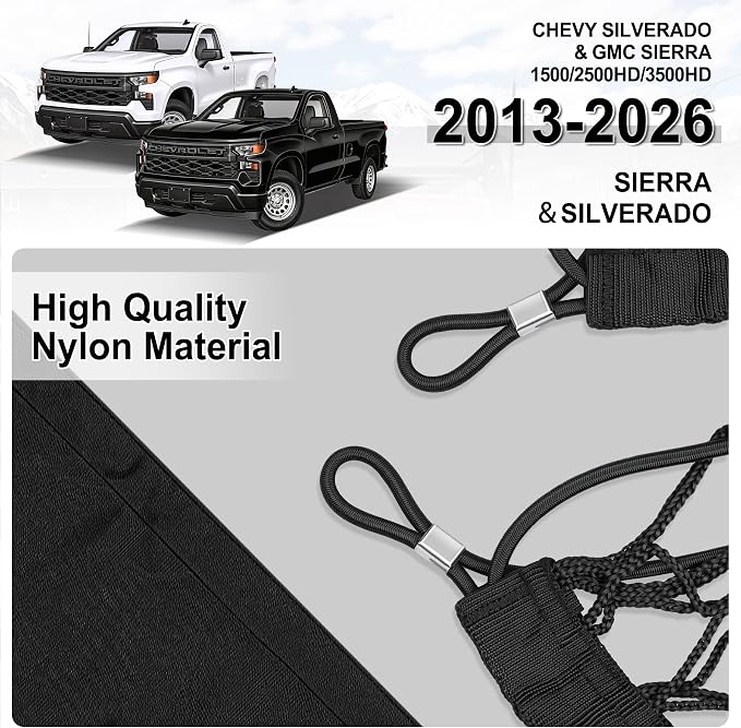 Amiss Truck Bed Cargo Net with Bottom Organizer,Fits for 2013-2026 Chevy Silverado & GMC Sierra 1500/2500HD/3500HD, Portable Storage for Pickup Cargo and Heavy Duty Hook, Car Exterior Accessories