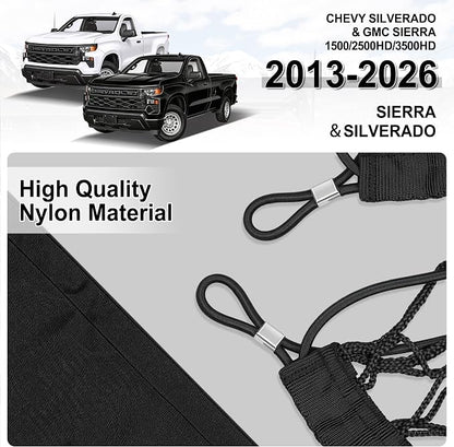 Amiss Truck Bed Cargo Net with Bottom Organizer,Fits for 2013-2026 Chevy Silverado & GMC Sierra 1500/2500HD/3500HD, Portable Storage for Pickup Cargo and Heavy Duty Hook, Car Exterior Accessories