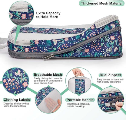 OlarHike 6 Set Compression Packing Cubes for Travel Essentials,Compressible Expandable Space Saver Bags for Organizing Clothes,Luggage Garment Bags with Over 1000 pcs Mesh Holes(Dark Blue Floral)