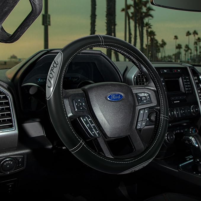 Plasticolor 008567R01 Compatable with Ford Larger-Sized Truck Gray Oval Logo Steering Wheel Cover