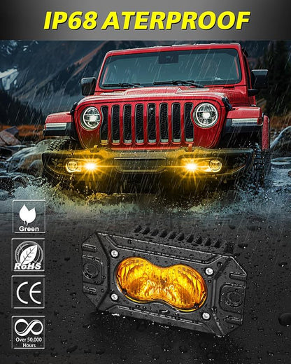 Amber Flush Mount LED Pods, AKD Part Flood CREE LED Flush Mount Fog Lights 40W Amber Chase Lights Bumper Driving Backup Reverse Light Pods for Trucks Pickup SUV UTV ATV Snowmobile