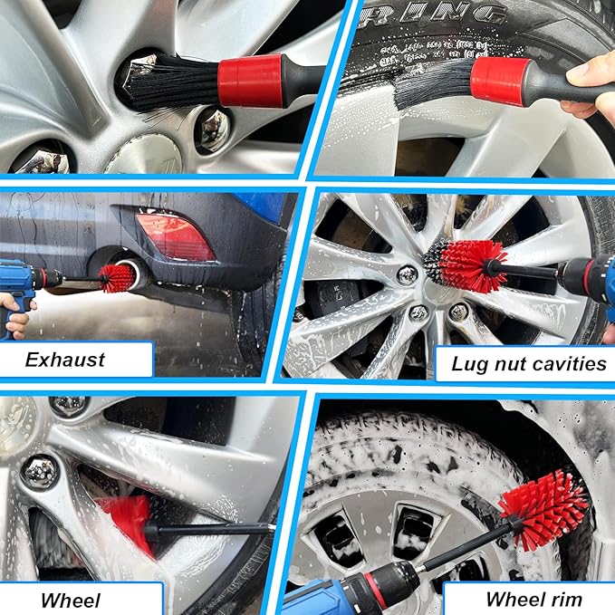 Wheel Brush Kit, Soft Drill Wheel Cleaner Brush, No Scratches Highly Dense Car Cleaning Brush Set for Wheels, Rims, Engines, Exhaust(Red/Black,2Pcs)