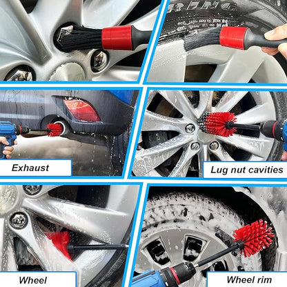 Wheel Brush Kit, Soft Drill Wheel Cleaner Brush, No Scratches Highly Dense Car Cleaning Brush Set for Wheels, Rims, Engines, Exhaust(Red/Black,2Pcs)