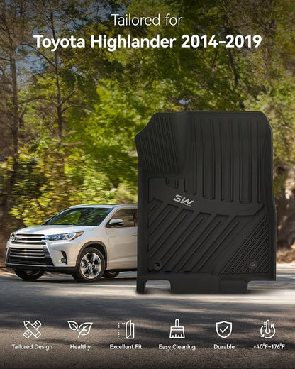 3W Floor Mats Fit 2014-2019 Toyota Highlander (Not for Hybrid), All Weather TPE Custom Fit Car Floor Liners 1st&2nd Row, Black