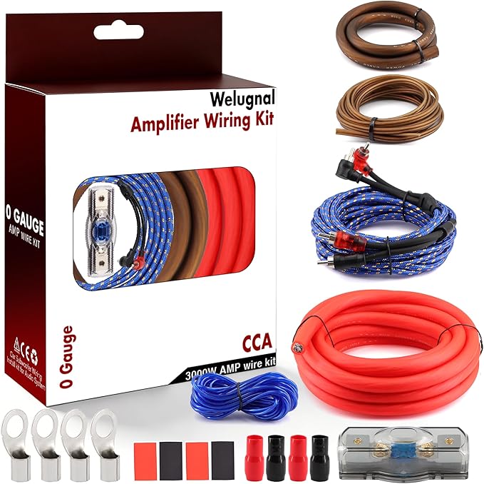 0 Gauge CCA Amplifier Wiring Kit 3000W Complete - Copper Clad Aluminum Car Audio Power Cable with Fuse Holder & RCA | for Subwoofer Amp Install