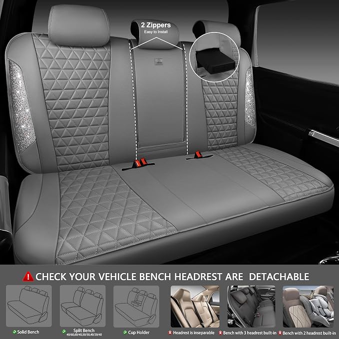 CAR PASS Bling Diamond Gray Leather Car Seat Covers Full Sets Interior Sets, Waterproof Shining Glitter Sparkly Crystal Universal Armrest Fit for Automotive Truck SUV Cute Women Girl, Gray Rhinestone
