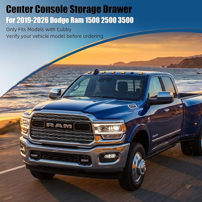 Center Console Hidden Storage Drawer Compatible with 2019-2026 RAM 1500 2500 3500, Pull-Out Organizer Insert with Anti-Slip Mat, Only Fits Models with Console Cubby