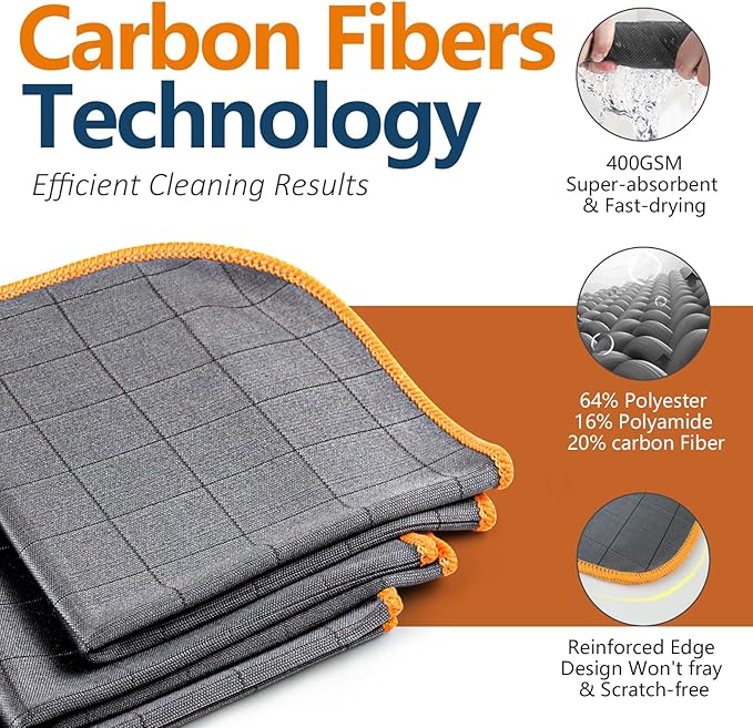 Airlab Carbon Microfiber Towels for Car Glass Window Polishing Cleaning Cloth Auto Detailing Lint Free Streak Free Drying Car Wash Large Towel, Pack of 3, 12" x 12", Grey-Orange