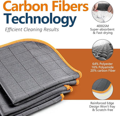 Airlab Carbon Microfiber Towels for Car Glass Window Polishing Cleaning Cloth Auto Detailing Lint Free Streak Free Drying Car Wash Large Towel, Pack of 3, 12" x 12", Grey-Orange