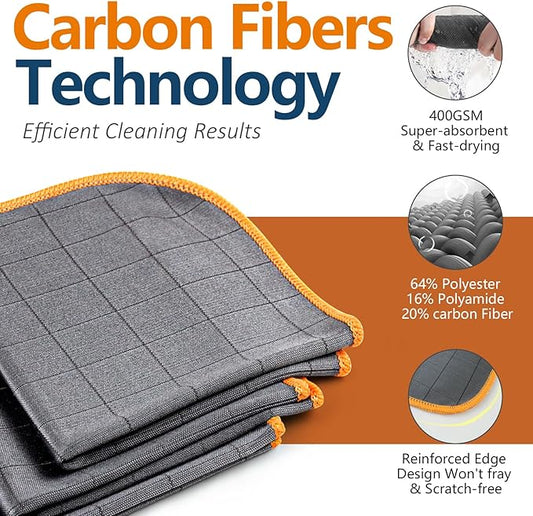 Airlab Carbon Microfiber Towels for Car Glass Window Polishing Cleaning Cloth Auto Detailing Lint Free Streak Free Drying Car Wash Large Towel, Pack of 3, 12" x 12", Grey-Orange