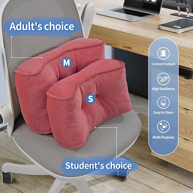 Lumbar Support Pillow for Office Chairs, Bite-Size Natural Latex Foam Back Support Pillow for Lower Back Pain Relief, Soft & Support Corduroy Desk Chair Cushion, M, Pink