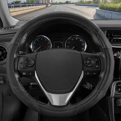 Motor Trend GripDrive Carbon Fiber Steering Wheel Cover, Non-Slip Sporty Racing Faux Leather Ergonomic Comfortable Handle, Steering Wheel Cover for Cars Trucks Vans SUV - Fits Standard 15 Inch - Black