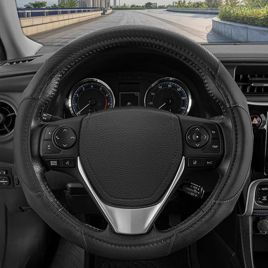 Motor Trend GripDrive Carbon Fiber Steering Wheel Cover, Non-Slip Sporty Racing Faux Leather Ergonomic Comfortable Handle, Steering Wheel Cover for Cars Trucks Vans SUV - Fits Standard 15 Inch - Black