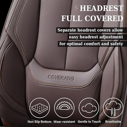 Coverado Universal Seat Covers Front, 2-Pack Universal Seat Covers for Cars, Waterproof Nappa Leather Car Seat Covers with Head Pillow, Auto Protectors Fit for Most Sedans SUV Pick-up Truck-Brown