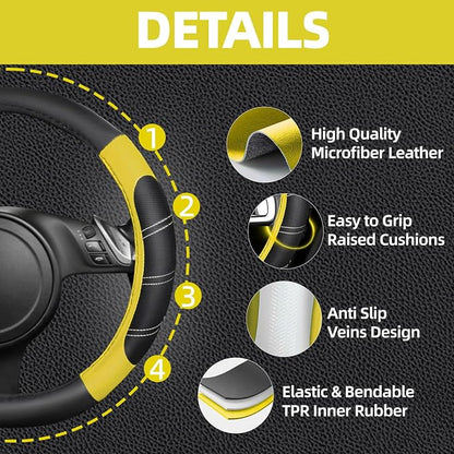 NBTEPEM 10 Pcs Car Floor Mats Full Set & Sport Leather Steering Wheel Cover 14.5-15 inch, Center Console Cover, Seat Belt Cushion, Cup Holder Coaster, Universal Automobile Interior Sets (Yellow)