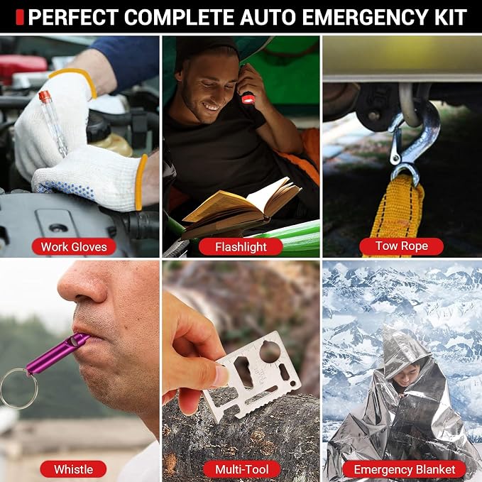 20PCS Sailnovo Car Emergency Kit with Jumper Cables, Roadside Safety Emergency Car Kit for Vehicle Truck Motorcycle - Gifts for Men Women Teenagers, Easy Storage(Black)