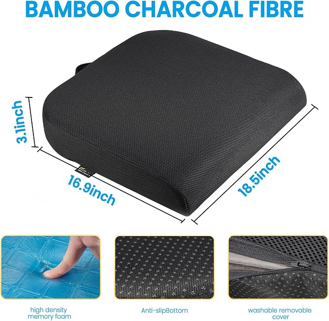 Gilbins Gel Seat Cushion - Memory Foam Cushion for Office Chair, Car Seat, and Wheelchair - Ergonomic Gel-Infused Cushion for Tailbone Support,and Lower Back Comfort - Portable & Washable
