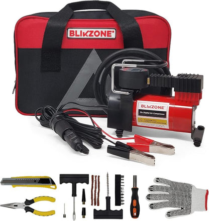 Blikzone Portable Tire Inflator, Flat Tire Repair Kit & Car Air Compressor Tire Inflator with Digital LCD Display, Auto Shut-Off, 12v air compressor, 120 PSI, 25 LPM