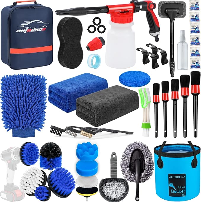 38Pcs Car Wash Detailing Kit Cleaning Kits with Foam Gun Sprayer Collapsible Bucket Drill Brush Large Wash Mitt Towels Complete Interior Exterior Car Washing Supply Set Blue