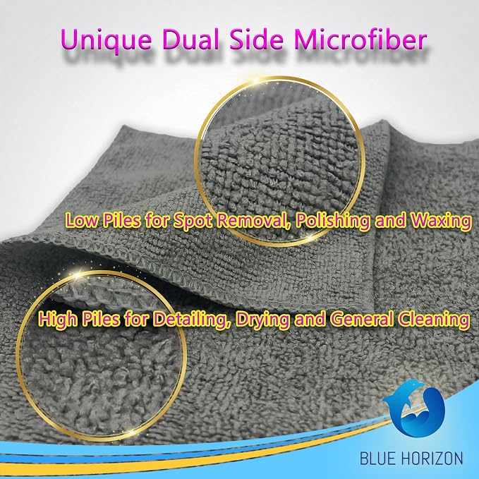 Blue Horizon Microfiber Cleaning Towels, Pack of 24, Ultra Soft Plush Washcloth, All Purpose Premium Microfiber Detailing Cleaning Cloths (16" x 16", Gray)