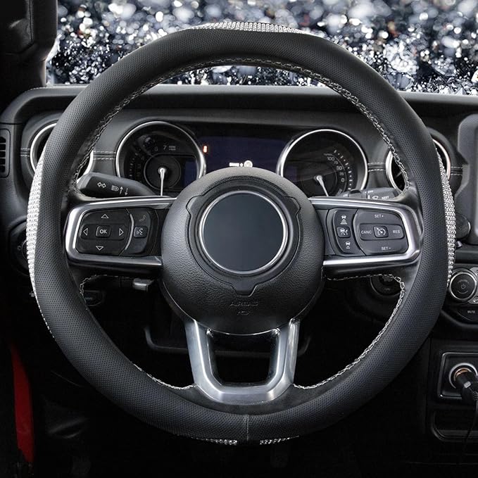 KAFEEK White Crystal Steering Wheel Cover, Sparkly Clear Diamond Breathable Leather Car Protector, Universal 15 Inch Fit for Women Girls, Anti-Slip Comfortable, Silver White