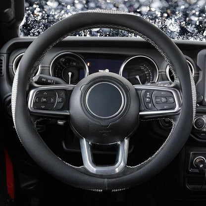 KAFEEK White Crystal Steering Wheel Cover, Sparkly Clear Diamond Breathable Leather Car Protector, Universal 15 Inch Fit for Women Girls, Anti-Slip Comfortable, Silver White
