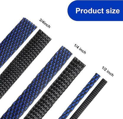 Xuniea 96ft Wire Loom Braided Cable Sleeve Covers Cord Management with 127 Pcs Tube Heat Shrinkable for Audio Video Cable Cord Protectors from Pets(1/4, 1/2, 3/4 Inch,Black and Blue)