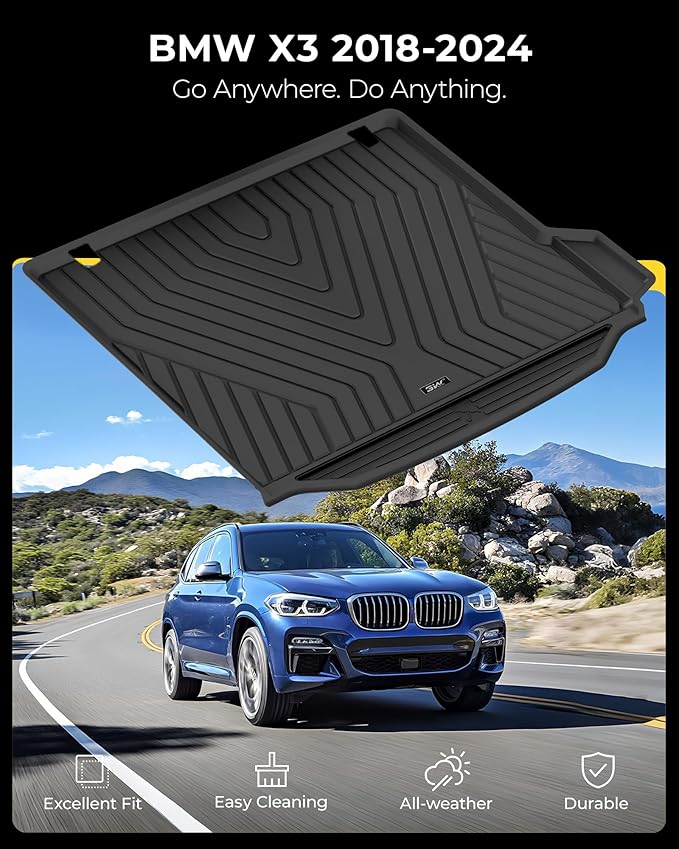 3W 2018-2024 BMW X3 Cargo Liner, All Weather TPE X3 Accessories Custom Fit for BMW X3 G01 30i M40i M Car Mats (Only for car Without Spare tire) (Don't Fit 30e)