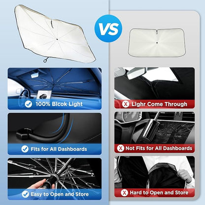 2026 Upgraded Windshield Sun Shade Umbrella [7-Layer Vinyl Coating Heat Shield] Foldable Front Window Sunshade Umbrella Flexible Handle Protect Interior from UV Keep Car Cooler (57" x 31")