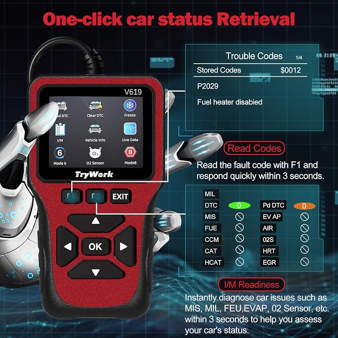 OBD2 Scanner Diagnostic Tool, Check Engine Code Reader with 35901 DTC Lookup, Mode 6 & 8, I/M Readiness for All OBDII Cars Since 1996 (Red)