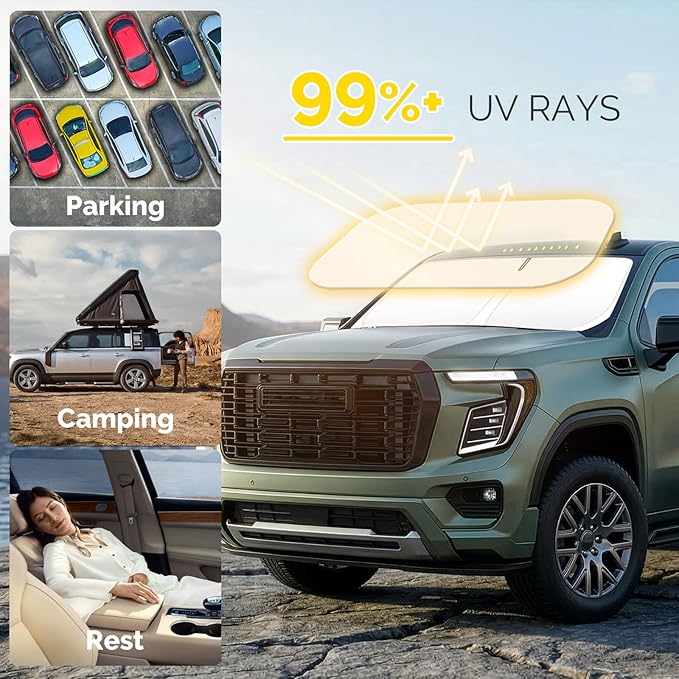Windshield Sun Shade Compatible with 2019-2025 2026 Chevy Silverado GMC Sierra 1500 2500 3500 Accessories Sun Visor for Front Window Sun Shade Cover Foldable Blocks UV Rays Keep Car Cooler