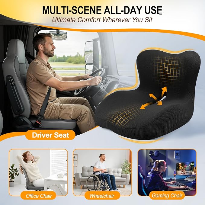 Allaboutsla Memory Foam Car Seat Cushion with Lumbar Support, L-Shaped Ergonomic Design for Long Driving, Pressure-Relief Comfort for Car, SUV, Semi Truck & Office Chair- Black