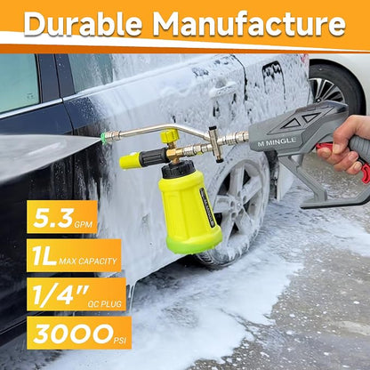 M MINGLE High Pressure Washer Gun with Foam Cannon, Foam Cannon Dual Connector Accessory, Car Wash Foam Gun Kit 1/4 Inch Quick Connector, 5 Pressure Washer Nozzle Tips