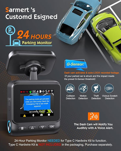 Sarmert C1 5K Dash Cam Front - Built-in GPS and 5G WiFi, Sony STARVIS Sensor, HDR Night Vision Car Camera, 5K/4K/2.5K UHD Dash Camera for Cars, Loop Recording, WDR, G-Sensor, 24H Parking Mode