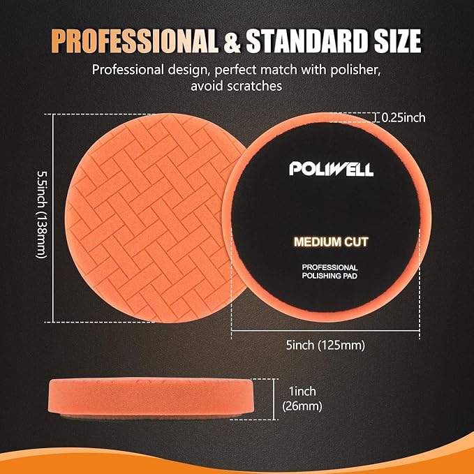 POLIWELL Buffing Polishing Pads 5 Inch, 7Pcs Buffing Sponge Pads Kit 5.5" Face for 5" Backing Plate, Compound Cutting Foam Pads, Wool Pad for Car Buffer Polisher, Compounding Polishing and Waxing