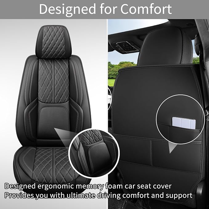 Custom Fit Chevy Silverado GMC Sierra 1500 2007-2026 2500/3500 HD Crew Cab Full Set Car Seat Covers - 5 Pack, Premium Faux Leather Truck Seat Protector with Airbag Compatible Design, Black