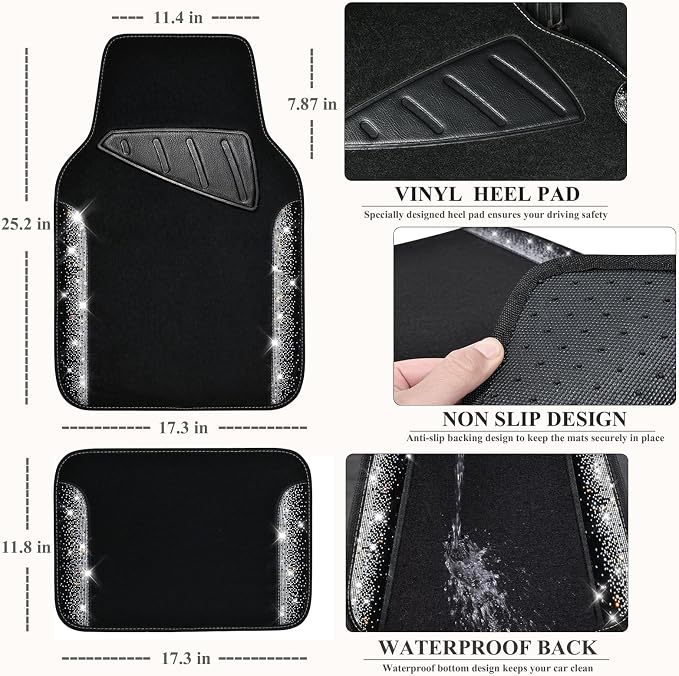 CAR PASS Leather Bling Diamond Car Seat Covers Front & Waterproof Rhinestone Car Floor Mats 4pcs & Sparkly Steering Wheel Cover 15' Universal Shining Interior Sets for 95% SUV Cute Women Black Silver